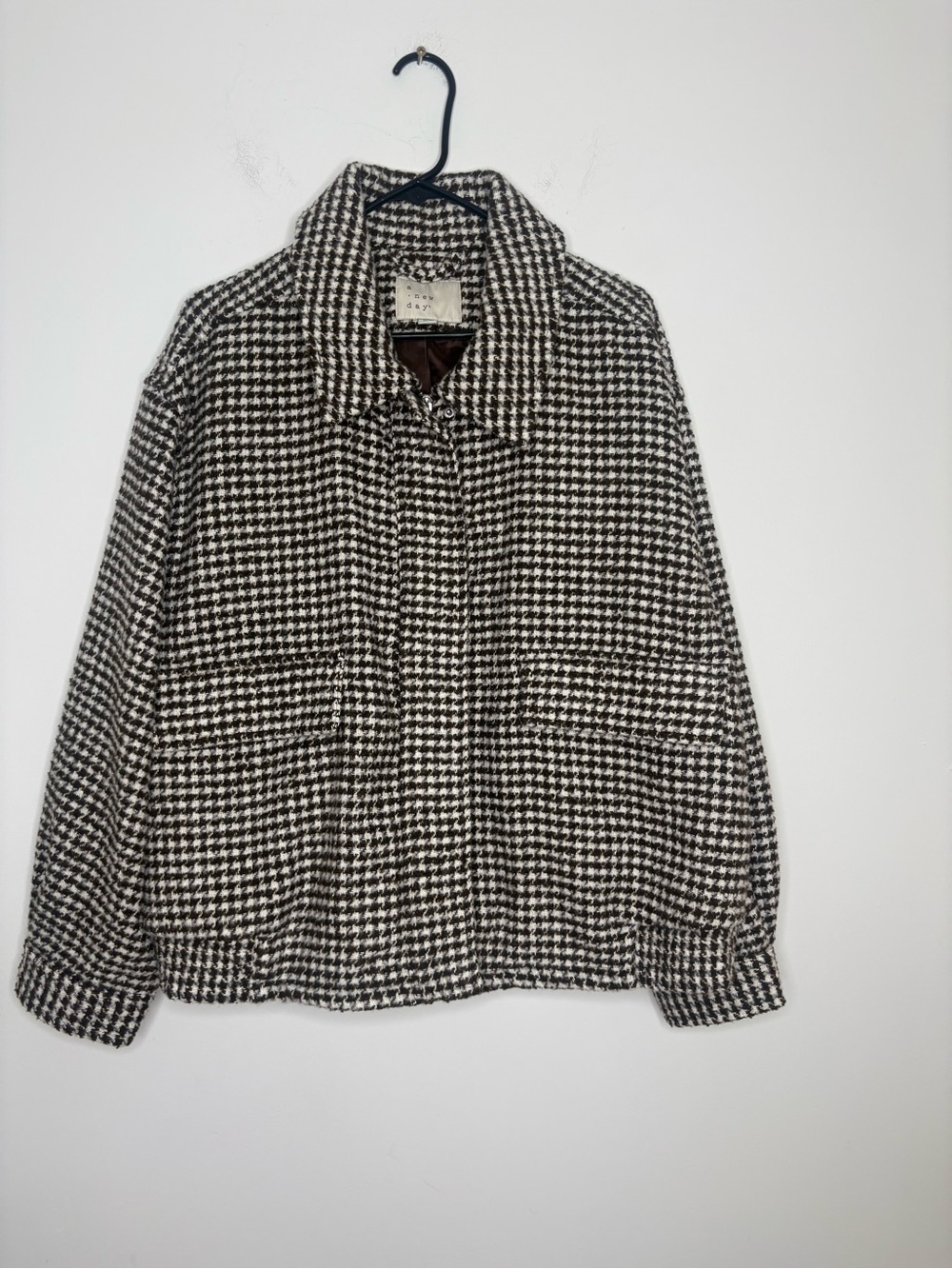 NWT A New Day Brown White Houndstooth Zip Snap Collared Jacket Size XXL